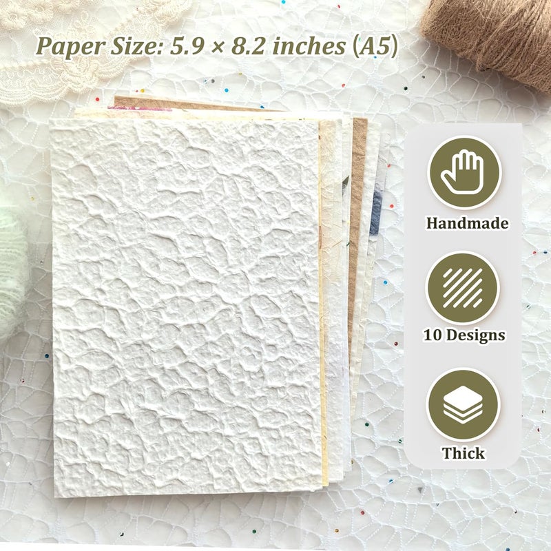 Flartmo 10 Desingns Handmade Textured Paper, 8.2"x5.9" Thick Mulberry Paper with Real Botanical, Multicolor Embossed Craft Sheets for Card Making, Scrapbooking, Junk journal, Invitations, Watercolor, Printing - Image 2